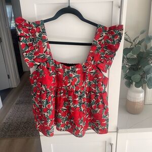 SHEIN Red Floral Ruffle Blouse
